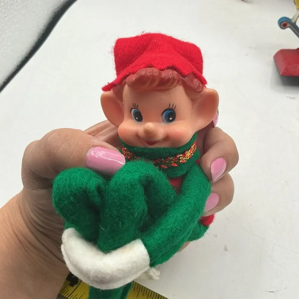 Vintage Knee Hugger Elf Christmas Ornament Pixie Felt Rubber Face 13”